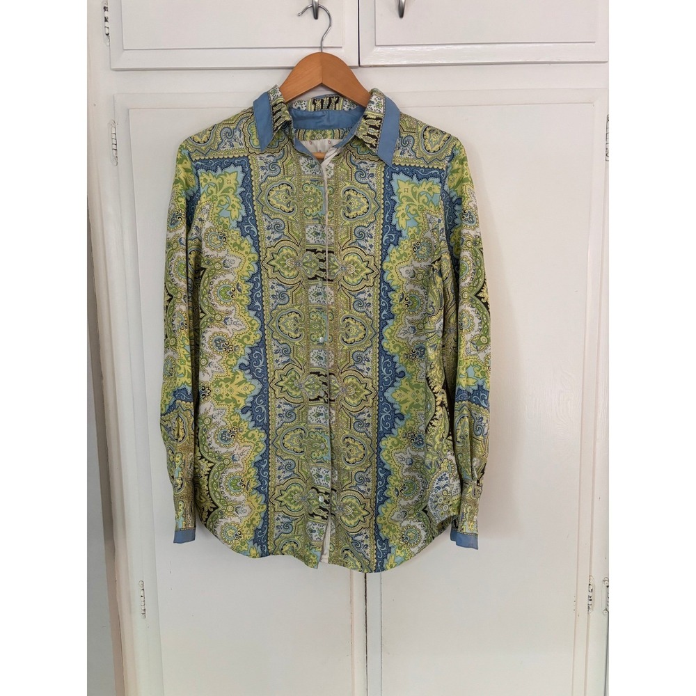 Robert Graham Womens Silk Paisley Button Down Shirt Green Blue Yellow Size L